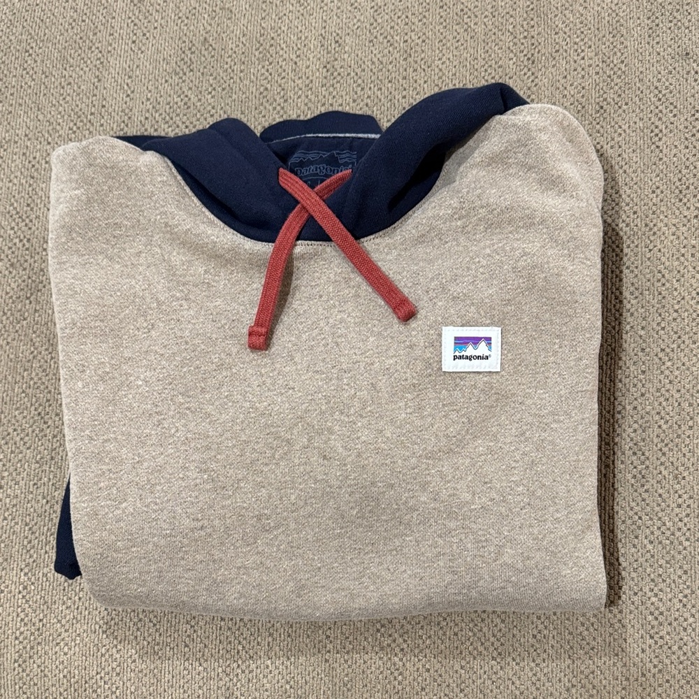 Patagonia Tan and Navy Hoodie with Red Accents